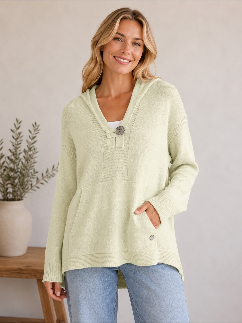 Its Simpli Zen Hooded Knit Sweater Large Butter Yellow Pullover Boho Coastal